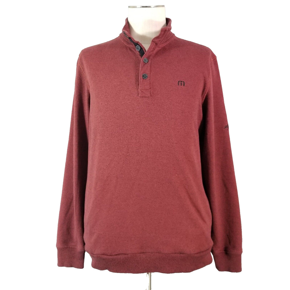 Travis Mathew Golf Sweater men's large red maroon Henley long sleeve fleece‎